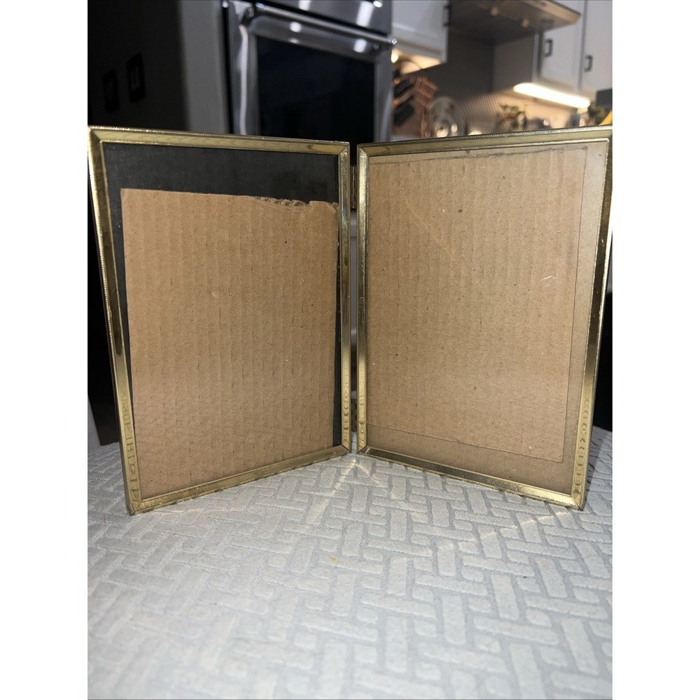 Antique Double Picture Frame vintage gold ART DECO 40s folding hinged FITS 5 x 7